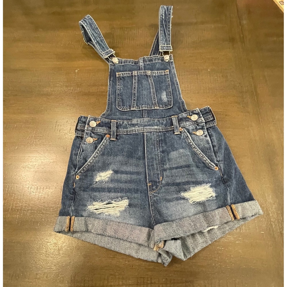 H&M Divided Denim Distressed Short Overalls Women's Size 2 Blue Jean Romper